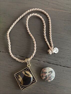 Boho Gold-Tone Pendant Necklace with Beige Cord
